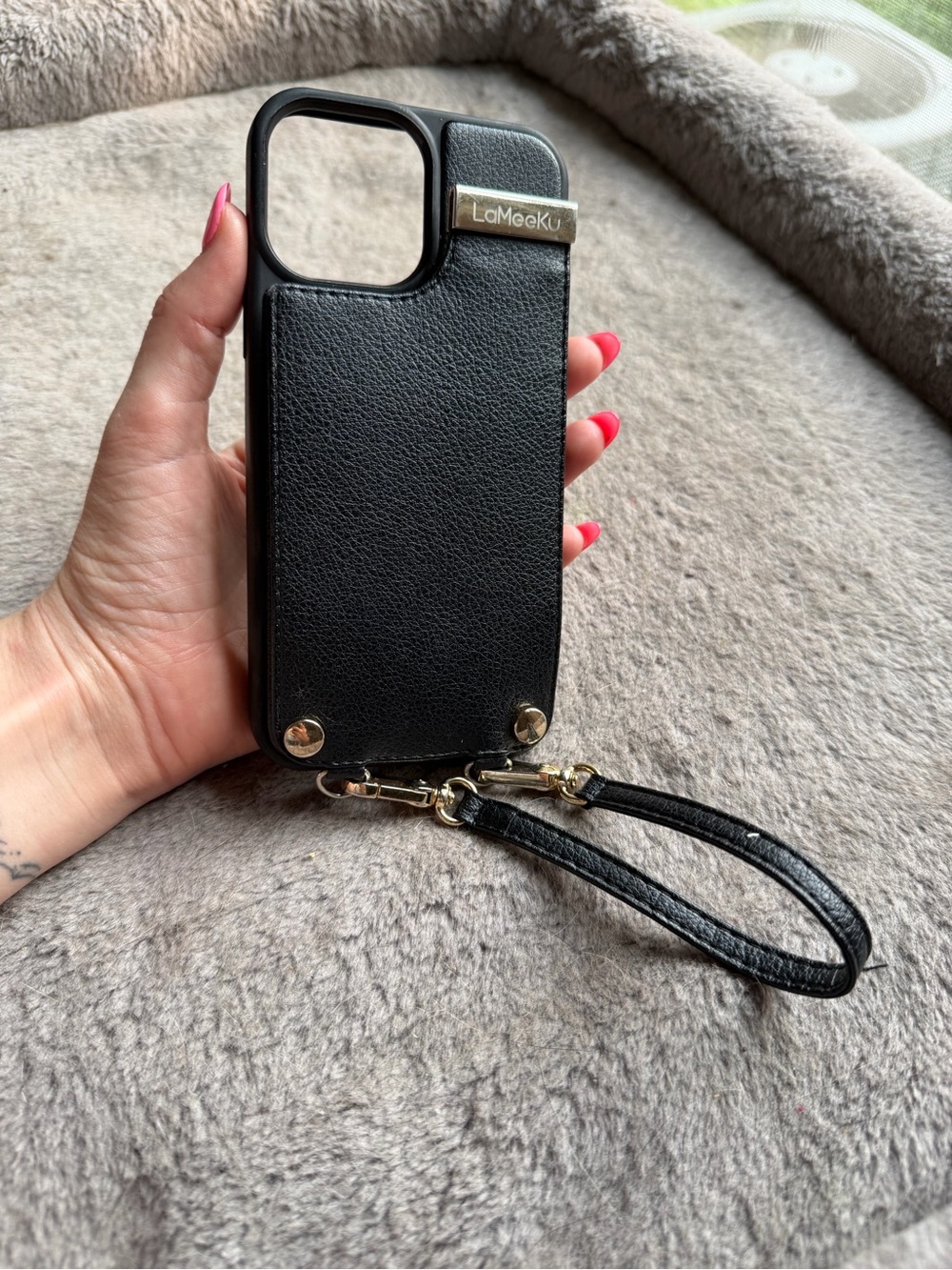iPhone 13 Pro Max Black Leather Wristlet Phone Wallet Case with Gold Accents
